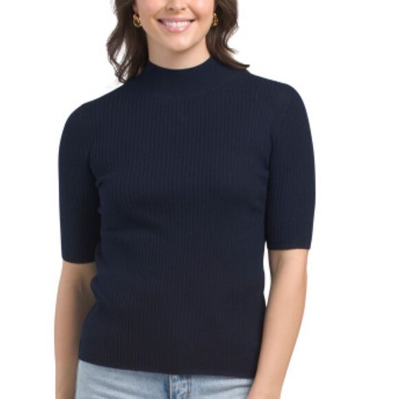 Halston Navy Extra Fine Merino Wool Elbow Sleeve Mock Neck Pullover Sweater